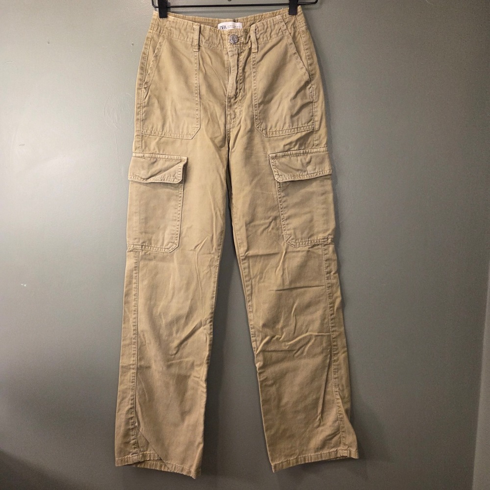 Zara Women's 100% Cotton Straight Leg Utility Cargo Pants Size 4 Tan Khaki Green